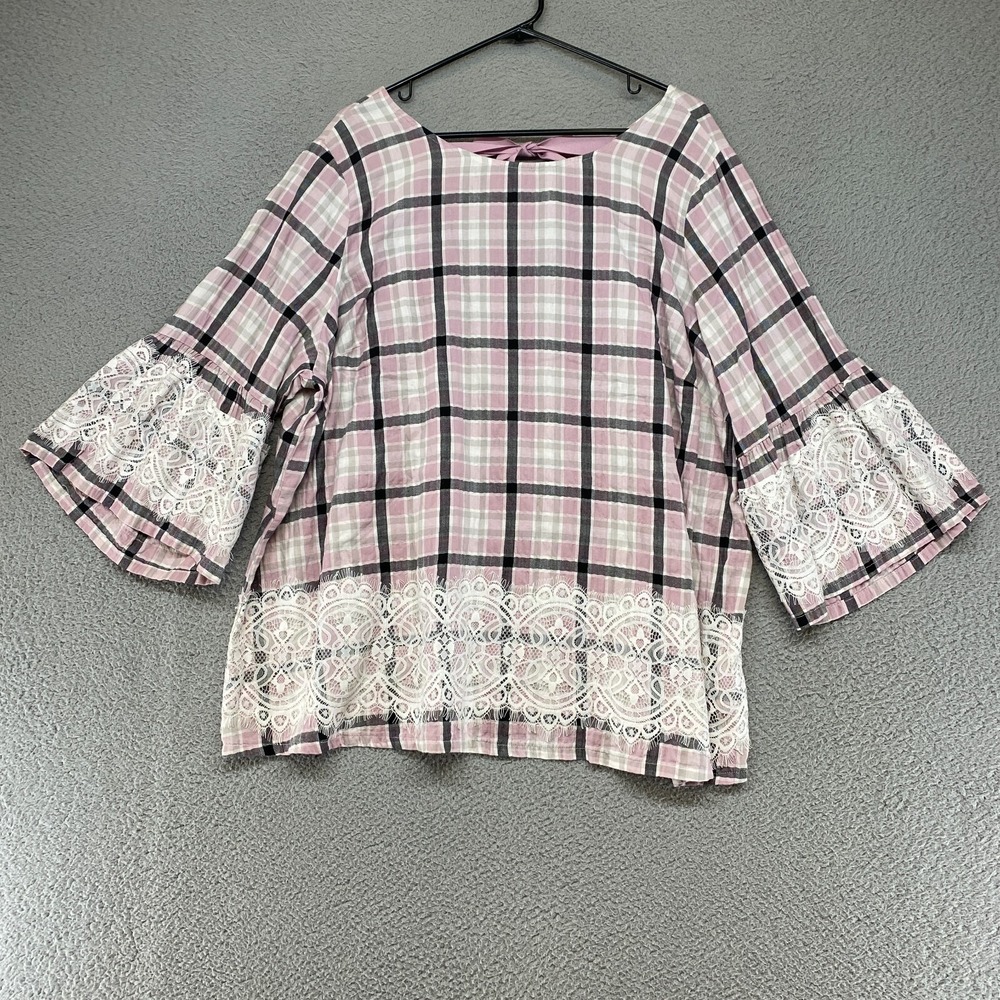 Lane Bryant Top Womens 18/20 Plaid Lace Ribbon Tie Back Bell Sleeve Pink Checker